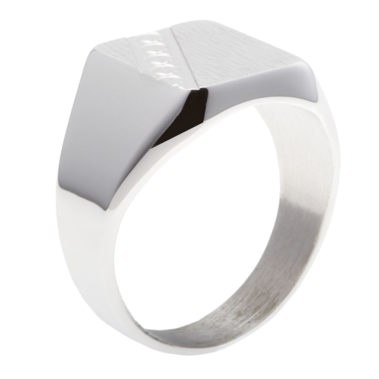 Chevalière rectangle en argent rhodié, diagonale diamantée