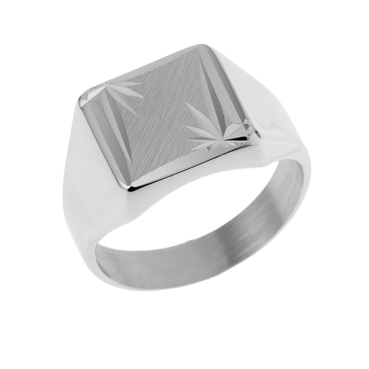 Chevalière carrée en argent rhodié, diamantée soleil