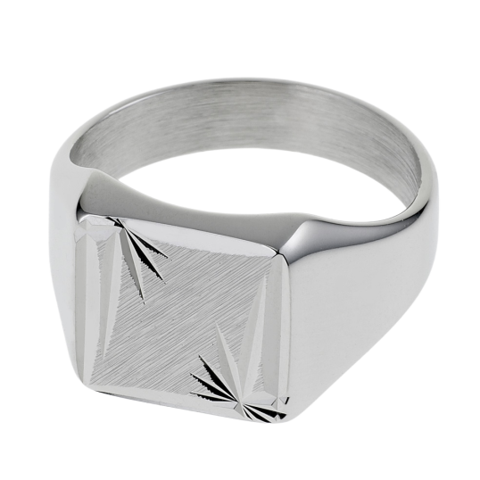 Chevalière carrée en argent rhodié, diamantée soleil