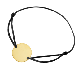 Bracelet cordon noir en plaqué or, plaque ronde 19.5 mm