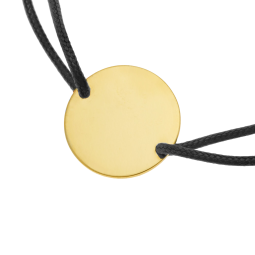 Bracelet cordon noir en plaqué or, plaque ronde 19.5 mm