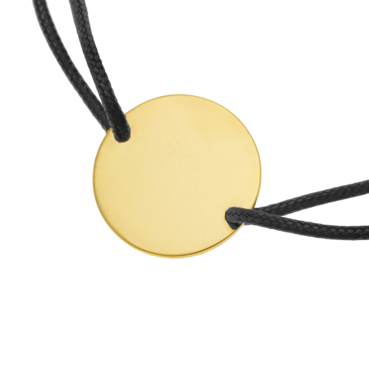 Bracelet cordon noir en plaqué or, plaque ronde 19.5 mm