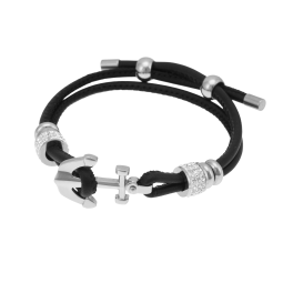 Bracelet en acier, cristaux de synthèse et résine, simili cuir, ancre marine 