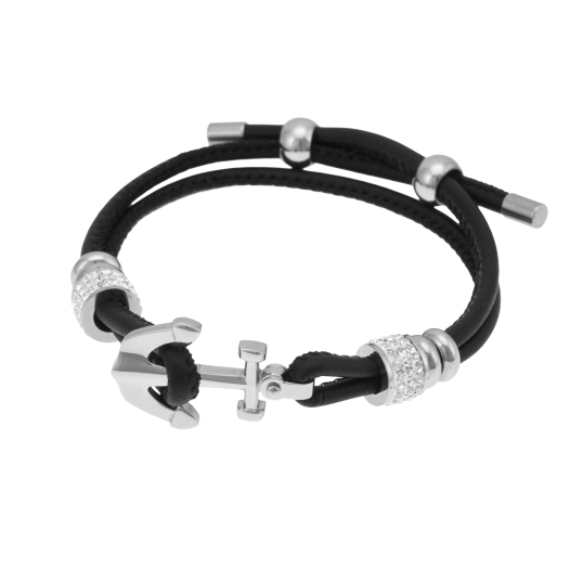 Bracelet en acier, cristaux de synthèse et résine, simili cuir, ancre marine 