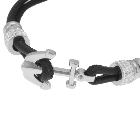 Bracelet en acier, cristaux de synthèse et résine, simili cuir, ancre marine 