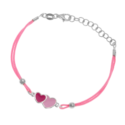 Bracelet cordon  en argent rhodié et laque, coeurs roses
