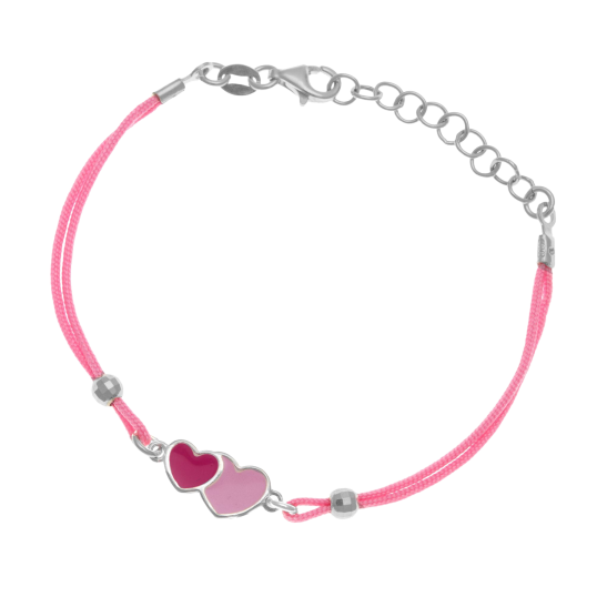 Bracelet cordon  en argent rhodié et laque, coeurs roses