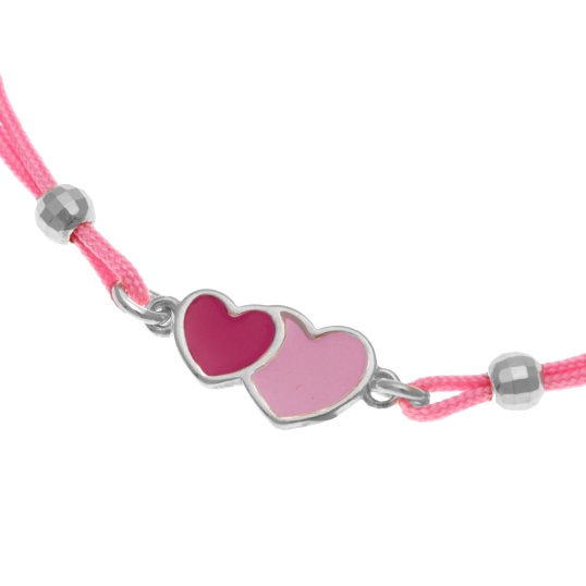 Bracelet cordon  en argent rhodié et laque, coeurs roses