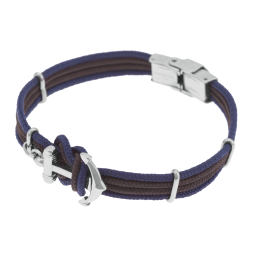 Bracelet en acier, fils polyester marron et bleu, ancre Bracelet en acier, fils polyester marron et bleu, ancre