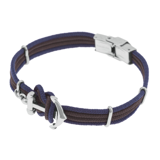 Bracelet en acier, fils polyester marron et bleu, ancre