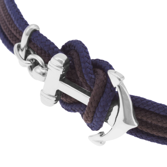 Bracelet en acier, fils polyester marron et bleu, ancre
