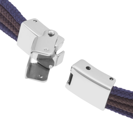 Bracelet en acier, fils polyester marron et bleu, ancre