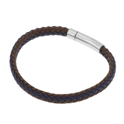 Bracelet en acier, cuir marron et bleu