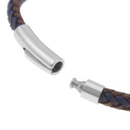 Bracelet en acier, cuir marron et bleu