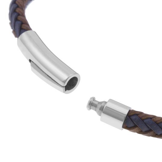 Bracelet en acier, cuir marron et bleu