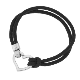 Bracelet en acier, cordon polyester noir et oxyde de zirconium, coeur ouvrant
