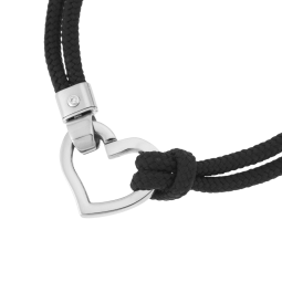 Bracelet en acier, cordon polyester noir et oxyde de zirconium, coeur ouvrant