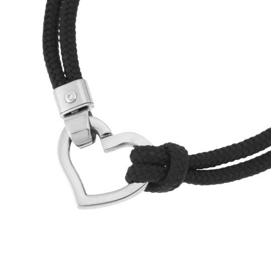 Bracelet en acier, cordon polyester noir et oxyde de zirconium, coeur ouvrant Bracelet en acier, cordon polyester noir et oxyde de zirconium, coeur ouvrant