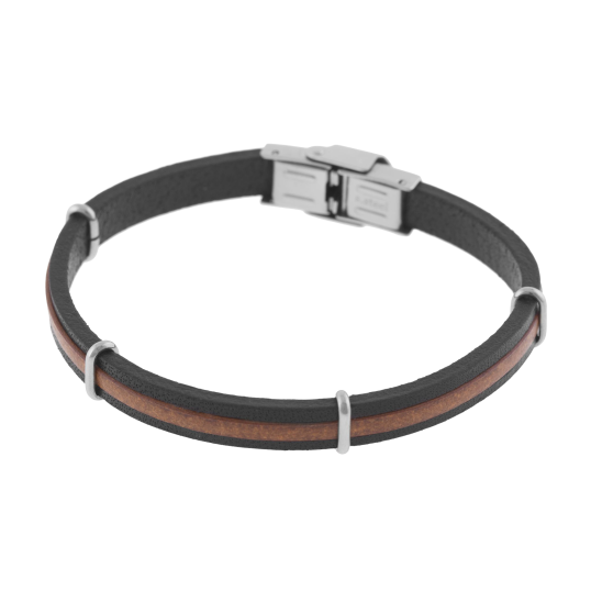Bracelet en acier, cuir noir et marron