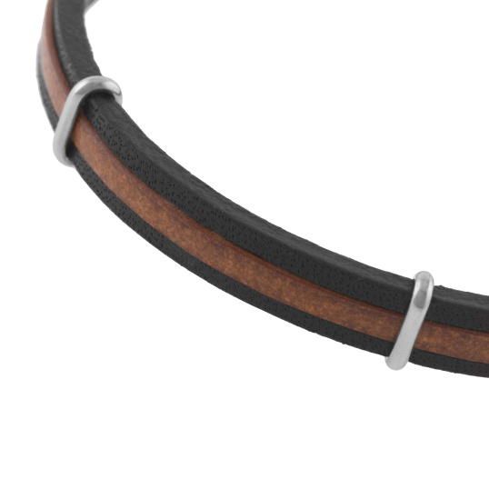 Bracelet en acier, cuir noir et marron