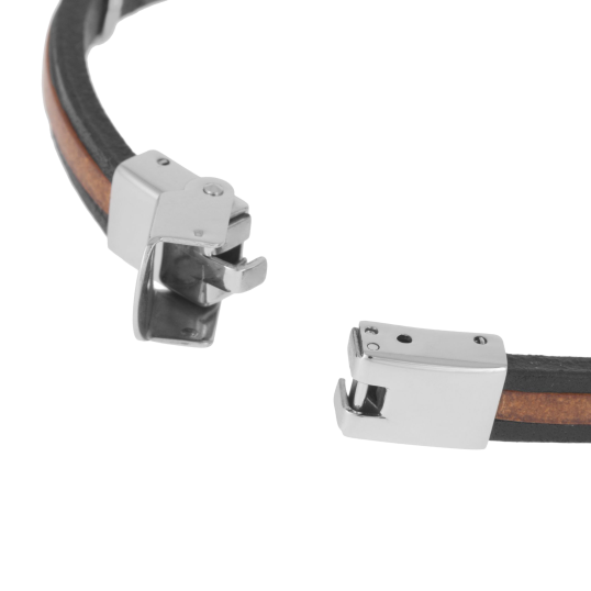 Bracelet en acier, cuir noir et marron