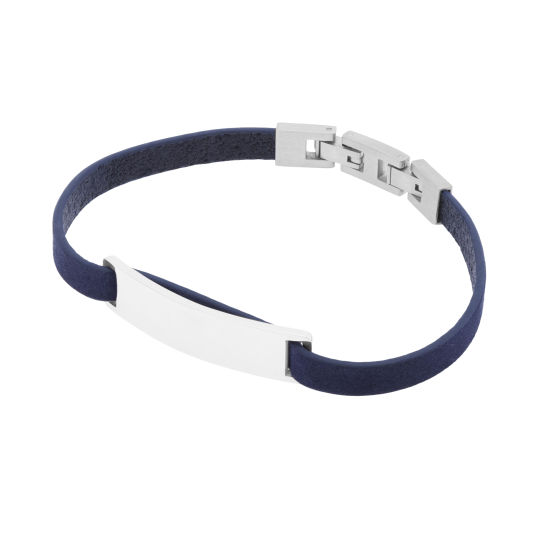 Bracelet cuir bleu en acier, plaque rectangle 9 mm