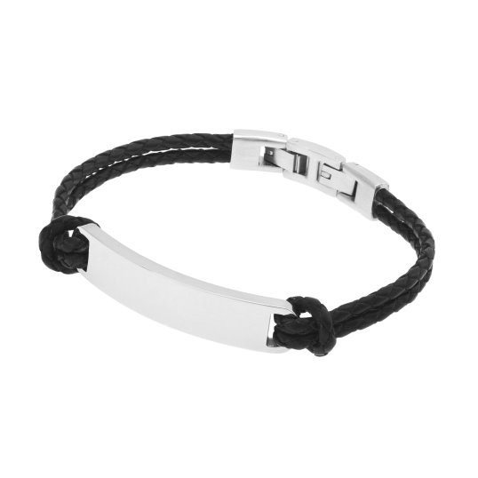 Bracelet double cuir tressé en acier, plaque rectangle 10 mm