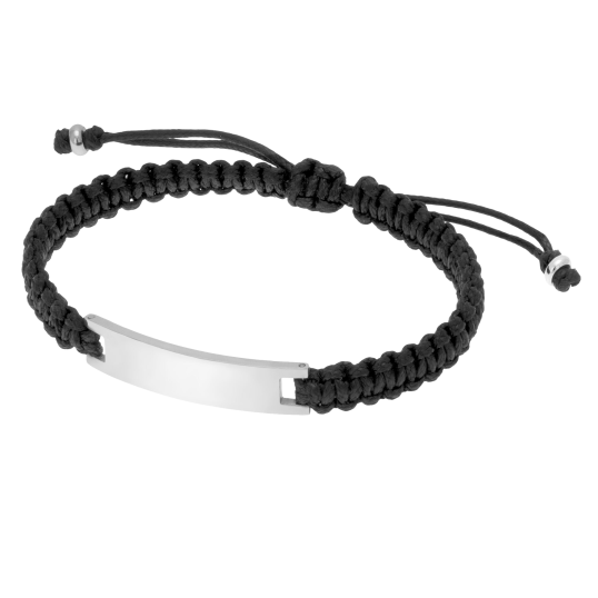 Bracelet cordon noir en acier, plaque rectangle 