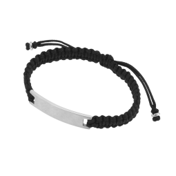 Bracelet cordon noir en acier, plaque rectangle mate