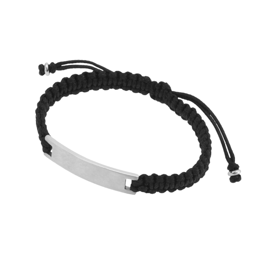 Bracelet cordon noir en acier, plaque rectangle mate