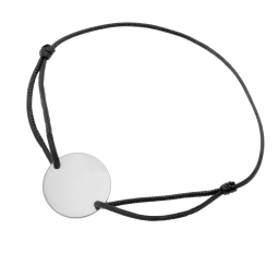 Bracelet cordon noir en argent rhodié, plaque ronde 19.5 mm