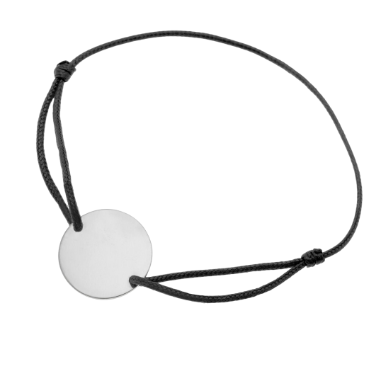 Bracelet cordon noir en argent rhodié, plaque ronde 19.5 mm