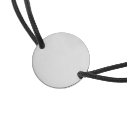 Bracelet cordon noir en argent rhodié, plaque ronde 19.5 mm