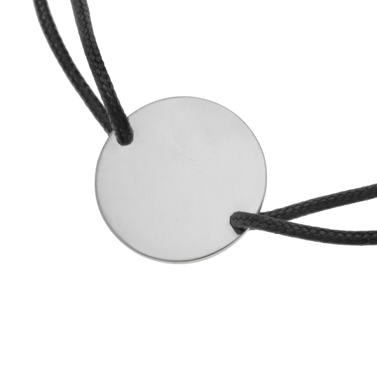 Bracelet cordon noir en argent rhodié, plaque ronde 19.5 mm