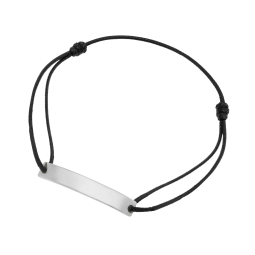 Bracelet cordon noir en argent rhodié, plaque rectangle 6 mm
