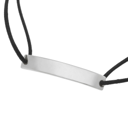 Bracelet cordon noir en argent rhodié, plaque rectangle 6 mm
