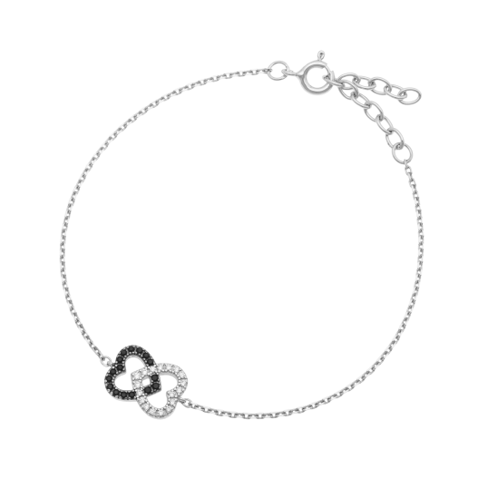 Bracelet en argent rhodié et rhodié noir, oxydes de zirconium, coeurs