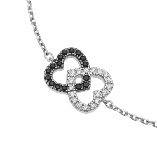 Bracelet en argent rhodié et rhodié noir, oxydes de zirconium, coeurs