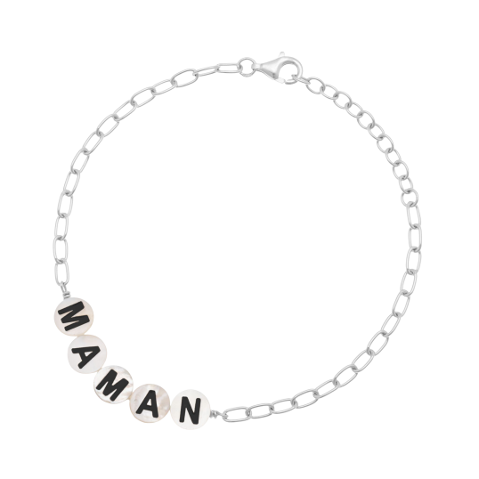 Bracelet en argent rhodié, nacre et laque, Maman