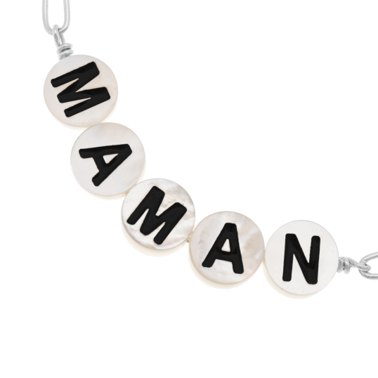 Bracelet en argent rhodié, nacre et laque, Maman