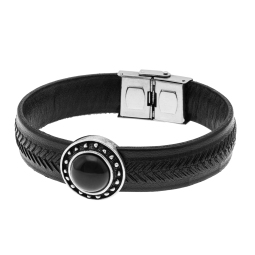 Bracelet en argent rhodié, fermoir acier et cuir, agate noire