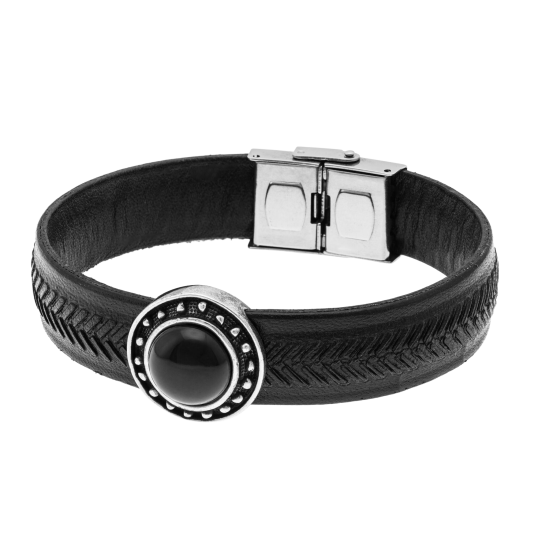 Bracelet en argent rhodié, fermoir acier et cuir, agate noire