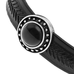 Bracelet en argent rhodié, fermoir acier et cuir, agate noire