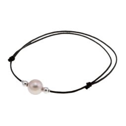 Bracelet en argent rhodié, cordon noir et perle de culture