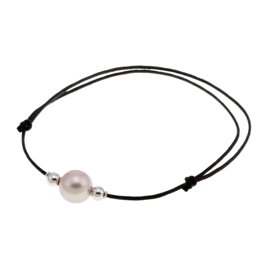 Bracelet en argent rhodié, cordon noir et perle de culture