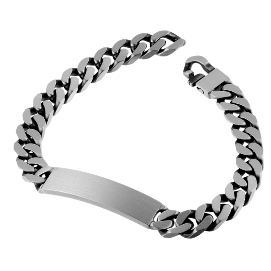 Identité en argent noirci, plaque rectangle 9 mm et maille gourmette Identité en argent noirci, plaque rectangle 9 mm et maille gourmette