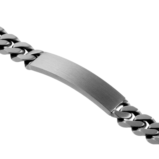Identité en argent noirci, plaque rectangle 9 mm et maille gourmette Identité en argent noirci, plaque rectangle 9 mm et maille gourmette