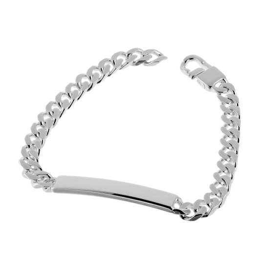 Identité en argent, plaque rectangle 6,4 mm et maille gourmette