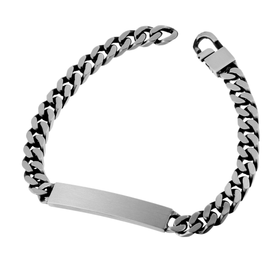 Identité en argent vieilli, plaque rectangle 6.4 mm,  maille gourmette Identité en argent vieilli, plaque rectangle 6.4 mm,  maille gourmette