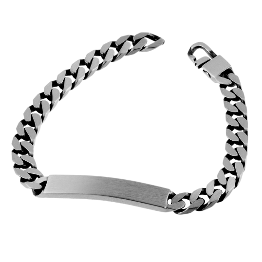 Identité en argent vieilli, plaque rectangle 7 mm et maille gourmette Identité en argent vieilli, plaque rectangle 7 mm et maille gourmette